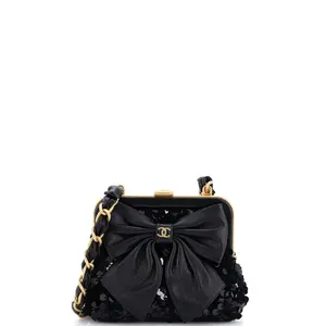 Pre-owned CHANEL Leather, Sequins Clutches & Wristlets Bow Frame Clutch With Chain Sequin Embellished Tweed with Leather Mini by Rebag