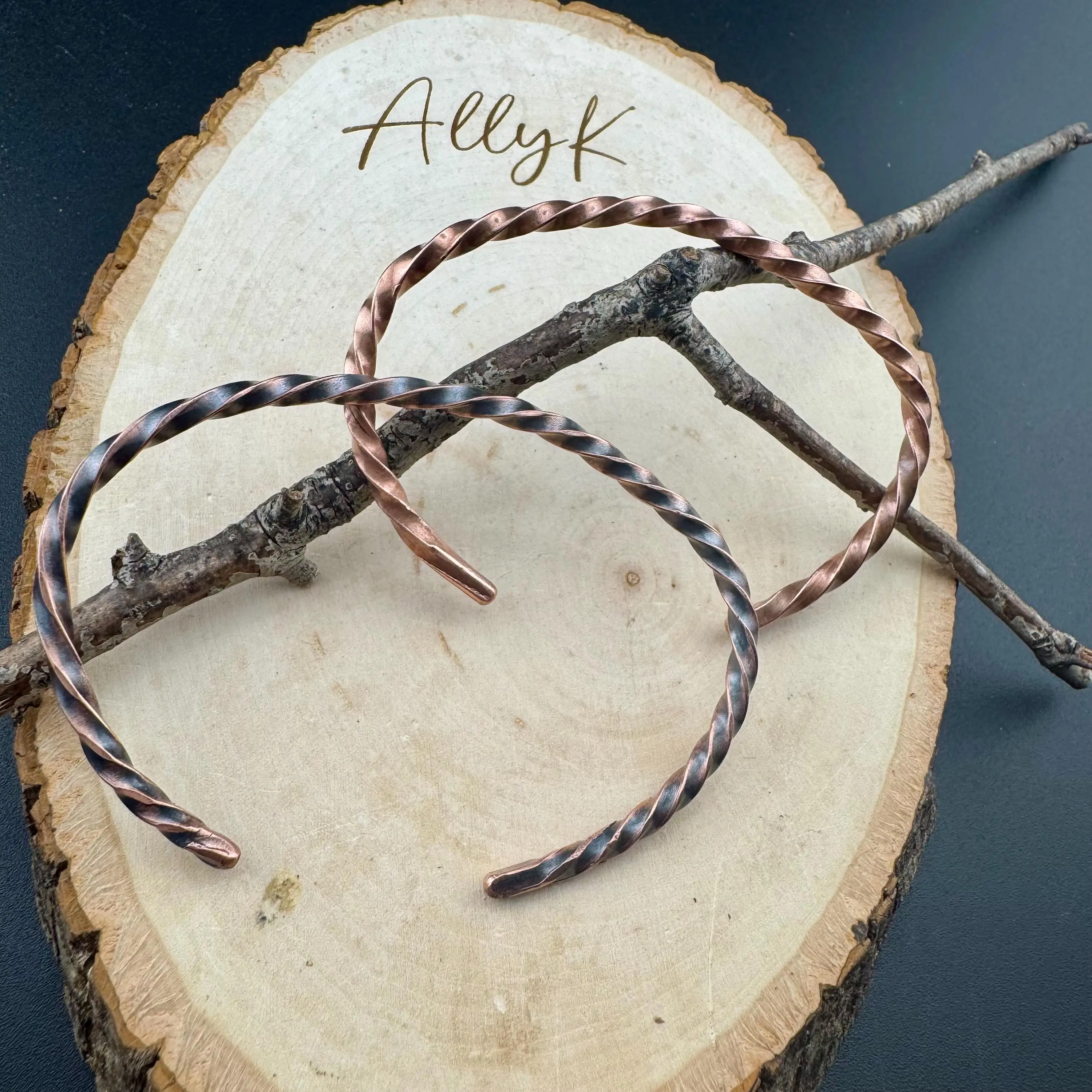 Hand‑Forged Copper Twisted Cuff Bracelets • Set of 2 • Rustic Stacking Cuffs