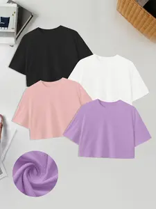Women's Solid Color Crop Tee, Casual Short Sleeve Round Neck Crop T-shirt for Summer, Ladies Clothes for Daily Wear, Top