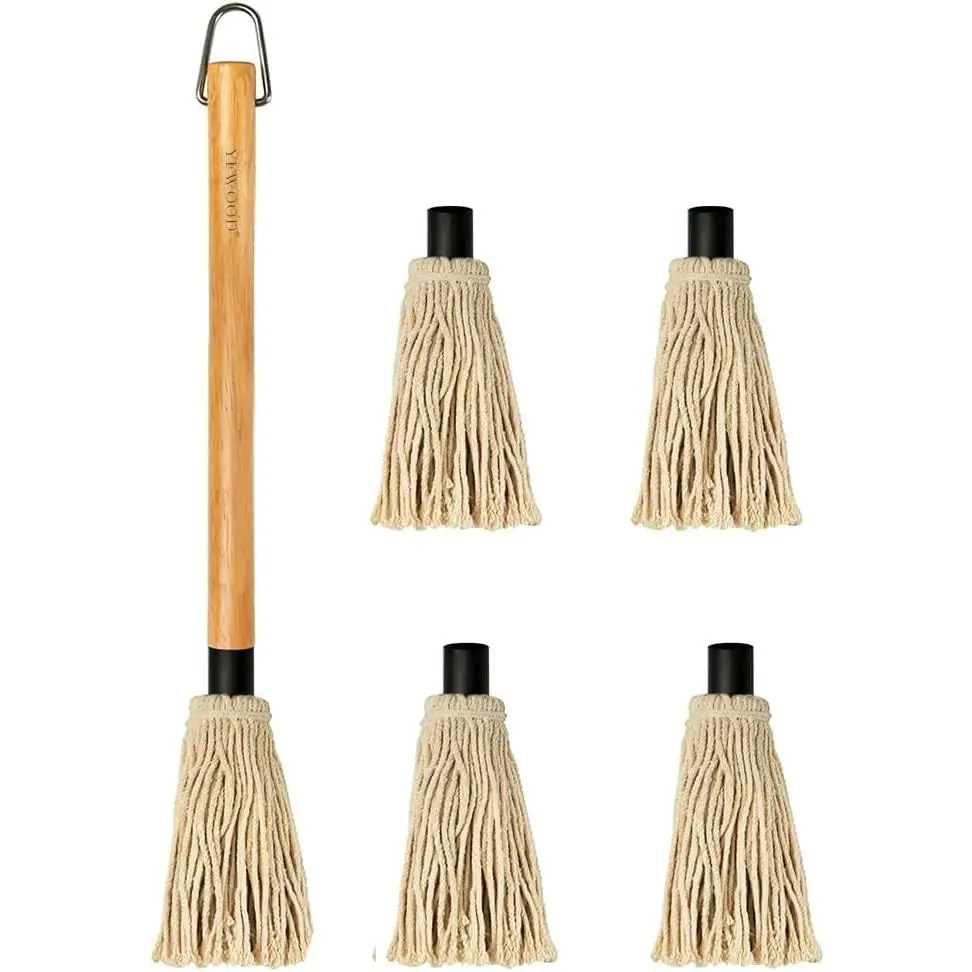 18 Inch BBQ Mop Sauce Brushes Basting Brush Evenly Sauce Mop | Grill Basting Mop Wooden Long Handle BBQ Mop with 4 Extra Replacement Heads for BBQ Grilling Smoking Steak