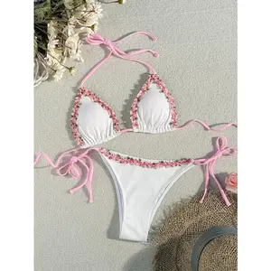 Sexy 3D Floral Bikini Set 2025 Women White Pink Contrast Push Up Bra Tie Side Thong Swimsuit Beach Bathing Suit Micro Swimwear Glossy Halter Tie Bikini Set