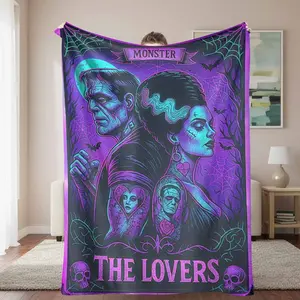 Monster Lovers Flannel Blanket  Spooky Couple Graphic Print  UltraSoft  Warm  Lightweight  Perfect for Halloween Decor  Movie Nights  Gothic Home Decor  Anniversaries  Valentine's Day Gifts.
