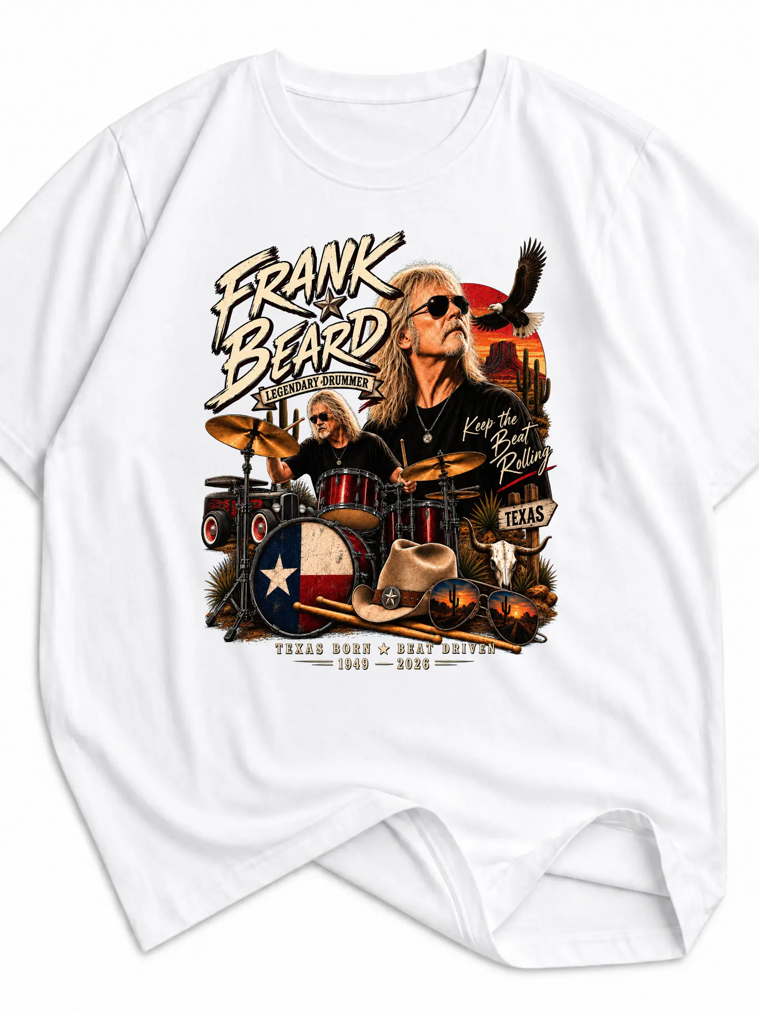 Frank Beard Legendary Drummer T-Shirt, Sweatshirt & Hoodie, Texas Born Beat Driven 1949-2026 Memorial Graphic Apparel Gift