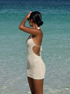 Elegant Solid Color Knit Halter Cut Out Swimsuit Cover Up Dress Casual Vacation Beach Summer