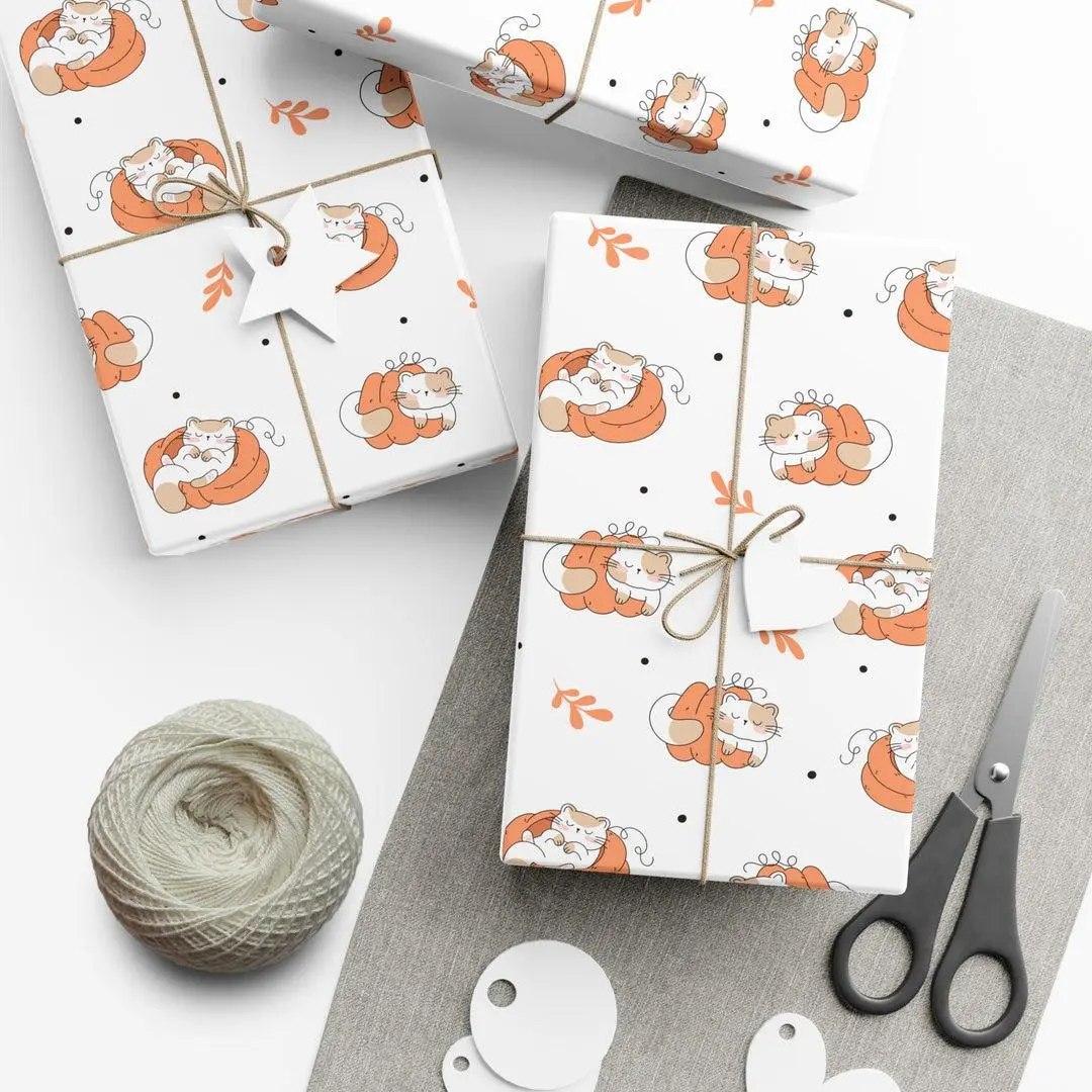 Sleepy Pumpkin Cat Wrapping Paper, Halloween Gift Wrap