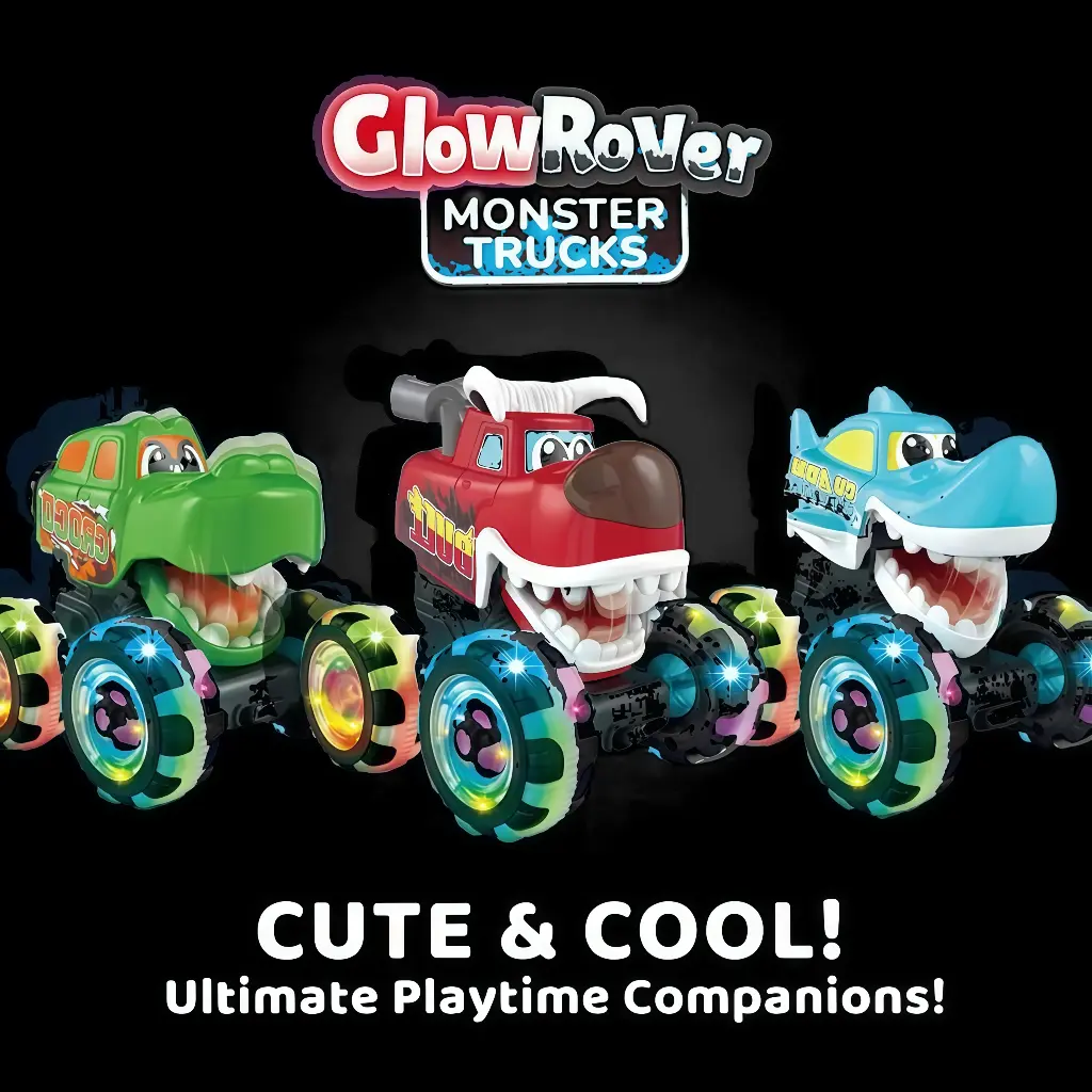 Friction Inertial Monster Truck Toy Pack (3 Designs) - Friction Inertial Movement, Rolling Chomping Mouth, Press-Activated LED Light Wheels, Interactive Sensory Vehicle for Kids’ Imaginative Play & ASMR Fun