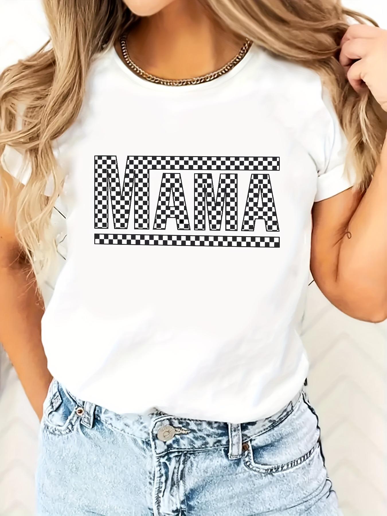 Women's Casual Loose Fit T-Shirt - Black & White Checkered MAMA Graphic Print, Breathable Summer Top with Round Neck, Machine Washable, Ladies T Shirts, Casual Attire, Relaxed Fashion, Nontransparent Material