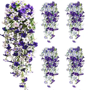 Outdoor Artificial Petunia Hanging Plant Set (4pcs), 30 Inches; UV-resistant silk flowers with long vines, perfect for creating a realistic spring floral display on garden porches or in hanging baskets