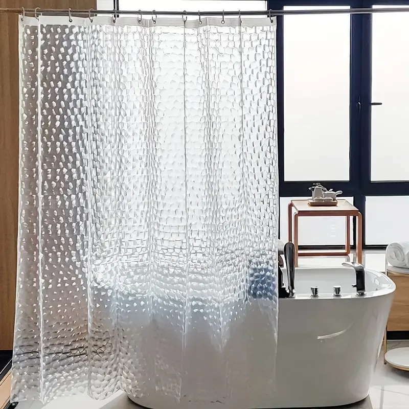 Translucent Geometric Modern 3D Digital Print Water Cube Shower Curtain - Wall-Mounted Bathroom Partition, Rustproof Metal Button Holes, Metal-Plastic Hooks, Waterproof, Pouch-Packed, Plug-and-Play Hanging, for Home Bathroom Decor