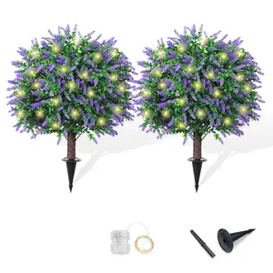 2 Pack 17.3 Artificial Lavender Topiary Trees with LED Lights Battery Operated - Realistic UV Resistant Faux Greenery, with Ground Spike Decor for Outdoor Garden, Patio, Porch, and Indoor Use flower bouquets front porch decor outdoor decor Gift Decorative