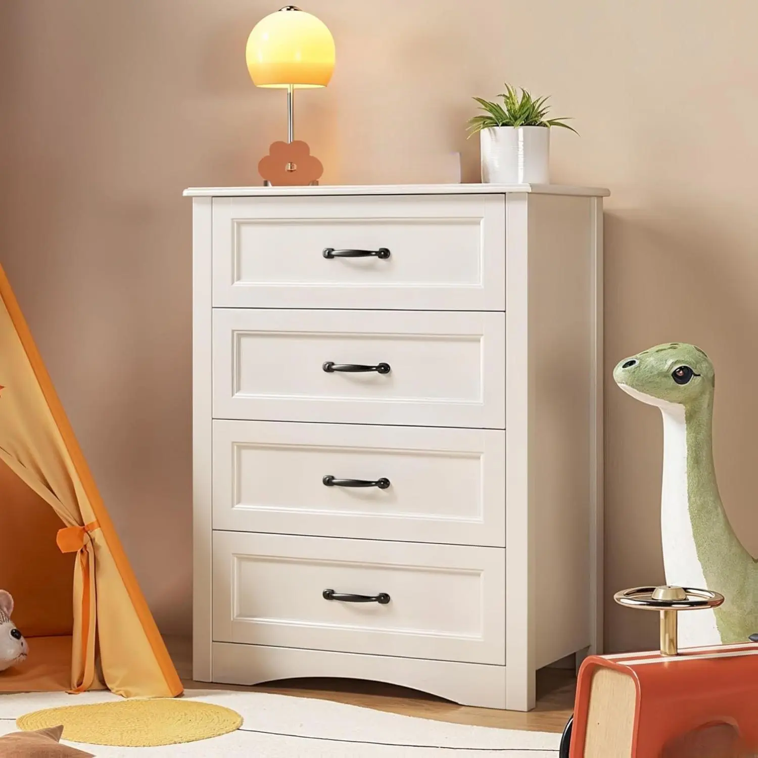 GIZOON 4-Drawer Wooden Clothes Storage Cabinet - Minimalist Drawer Tower, Modern Home Furniture for Bedroom Closet Organization, White Storage Unit, Cupboard Cabinet, Drawer Chest Organizer