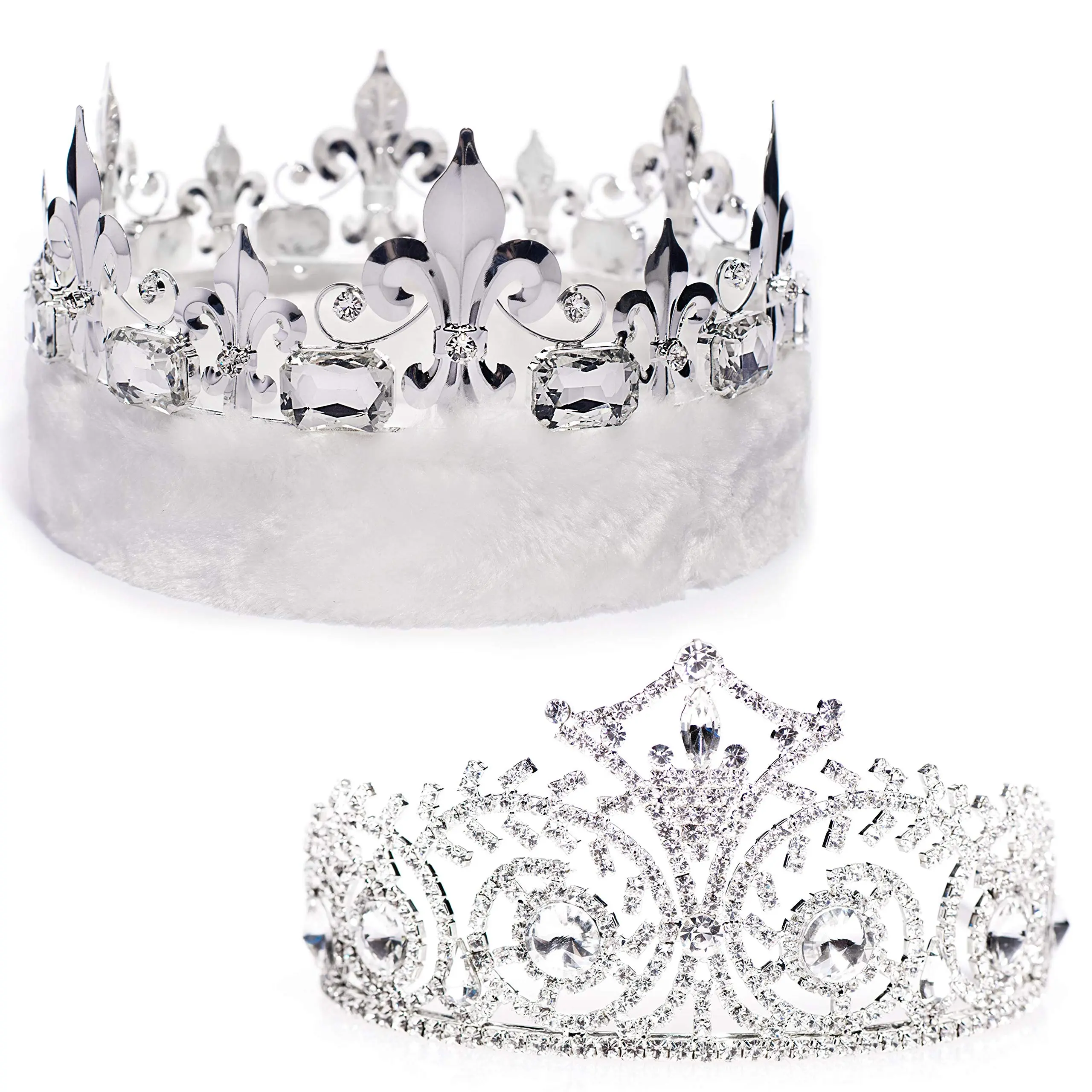 Anderson’s French Flair Royalty Set, Fleur‑de‑Lis King Crown with Black Faux Fur and Sparkling Rhinestone Elsa Tiara for Prom, Homecoming, Winter Formals, Special Events and Dance Coronations