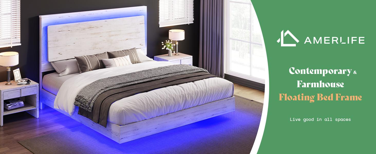 AMERLIFE Farmhouse Floating Bed Frame with Reclined Headboard, Platform Bed with LED Light, No Box Spring Needed/Unique Bedroom Furniture/Best Gift Ideas/Christmas Gifts