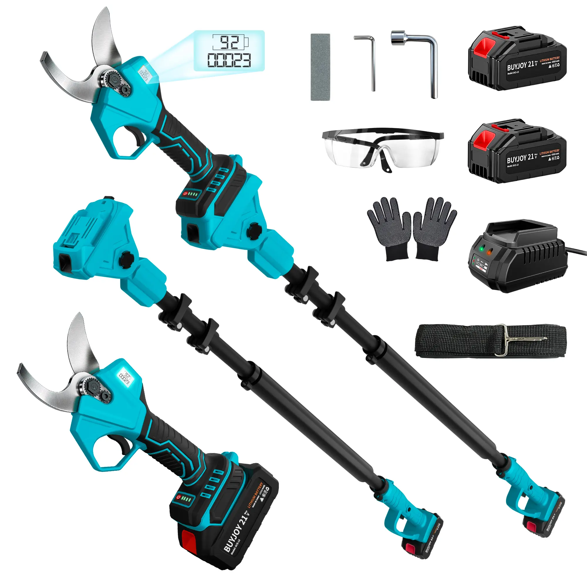 BUYJOY 2-in-1 Pole Pruning Shears, 1.6" Cut Diameter, 1000w Brushless Motor, 2×4.0 Ah Batteries, 4.5-9.5FT Reach, LCD Display, 3 Modes, Adjustable Branch Cutter for Garden & Flower