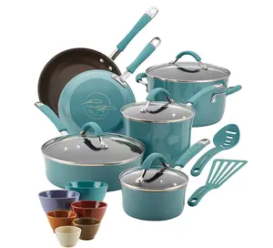 Rachael Ray Cucina Enamel 18-Piece Cookware & Prep Bowl Set Nonstick Aluminum Construction Easy-Clean Enamel Finish for Everyday Kitchen Use with 1-qt to 10" Pans & Measuring Cups