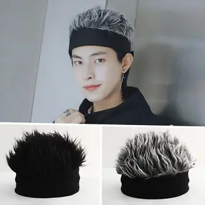 1pc Men'S Personalized Knit Beanie Hat With Fake Hair, Novelty Men'S Wig Cap, Brimless Cap, Men'S Party Cosplay Accessory, Sporty Short-Haired Prank Wig Cap With Gray Plush Wig, Straight Hair, Synthetic Hair Wig