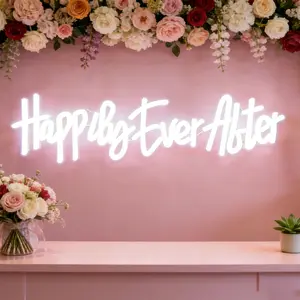 "Happyly Ever After" handwritten neon light, USB powered LED wedding atmosphere light, suitable for bedrooms, flower shops, wedding venues, proposal decoration, romantic and warm style decoration, easy installation and warm atmosphere