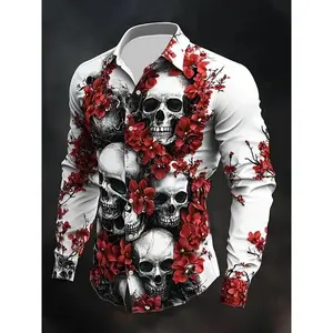 Men’s skull print long-sleeve shirt, casual slim-fit woven fabric, spring and autumn fashion, unique design, fashionable GARMENTARY