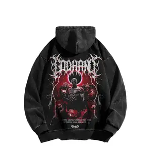 A "Berserk"-themed illustration, dark fantasy, washed vintage anime hoodie, made of cotton, manufactured in the USA, featuring a dark comic street style and a loose A-line fit.