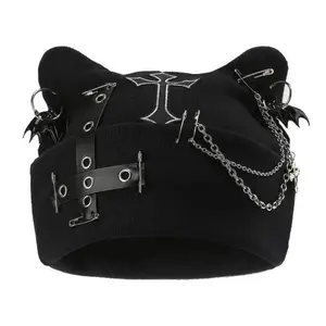 Viral Unisex Y2K Punk Goth Beanie Cat Ear Chain Bat Pendant Wool Blend Heart Knit Western Newsboy Hat Warm Adjustable Machine Washable Streetwear Fall Winter OOTD Staple