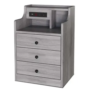 Sikaic Nightstand with 3 Drawers Charging Station Grey