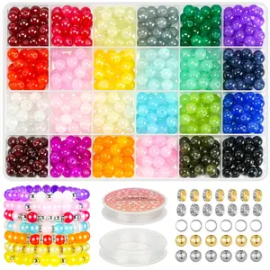 6mm/8mm Glass Beads Bracelet Making Kit 1400pcs, 24 Colors Crystal Beads for Jewelry Making Round Beads DIY Crafts with Spacer Beads Charms Accessories