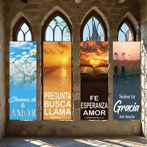 4 Pcs Religious Banners, Polyester Material Christian Vertical Hanging Banners Faith Scripture Pattern Religious Church Sunday Gathering Decoration Home Prayer Corner Wall Art Decor