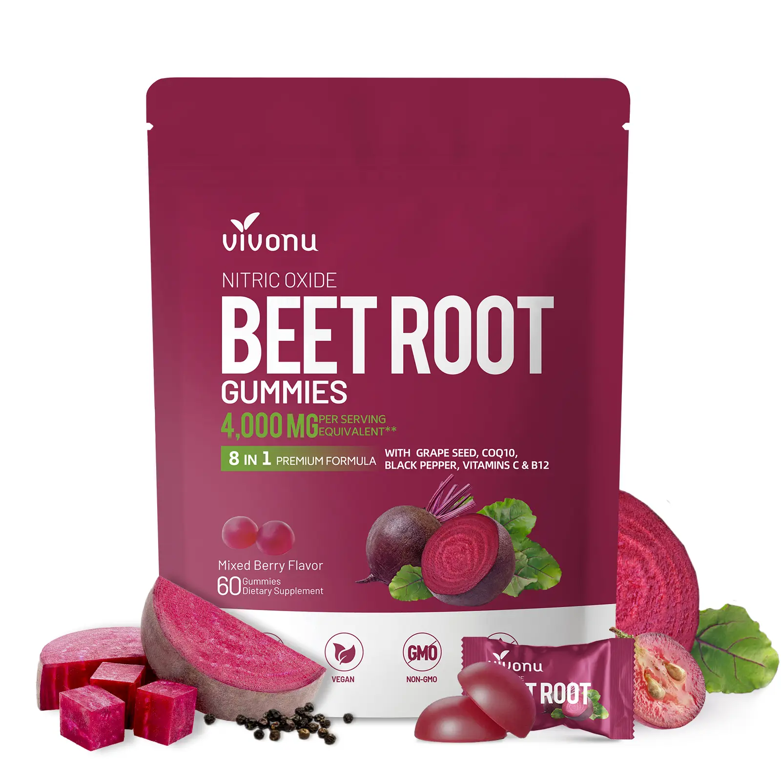 VivoNu Beet Root Gummies – Supports Circulation and Daily Wellness | With CoQ10, L-Arginine, Vitamin C