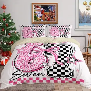 three piece set Cute pink leopard print bow with the number 67 patterned digital print duvet cover set - includes 1 Decorative Duvet Cover and 2 pillowcases (filling not included), breathable and soft, polyester, machine washable, suitable for all seasons