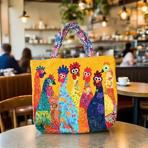 Boho Digital Printed Quilted Tote Bag with Cute Chicken Patchwork Design for Commuting Leisure Birthday Gifts Quilted Fabric Shoulder Bag for Grocery Travel & Daily Use