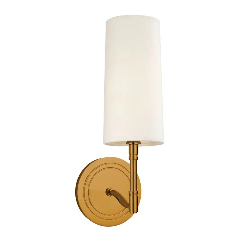 Dillon Sconce with Off-White Linen Shade and Elegant Curved Arm in Aged Brass, Old Bronze, or Polished Nickel