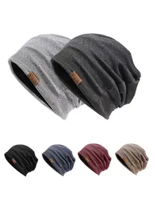 Winter Fleece-Lined Knit Beanie, Loose Pullover Cold Weather Hat for Women & Men, FS Patch Warm Outdoor Cap, Casual Soft Stretchy Skull Cap, Knitting Beanie
