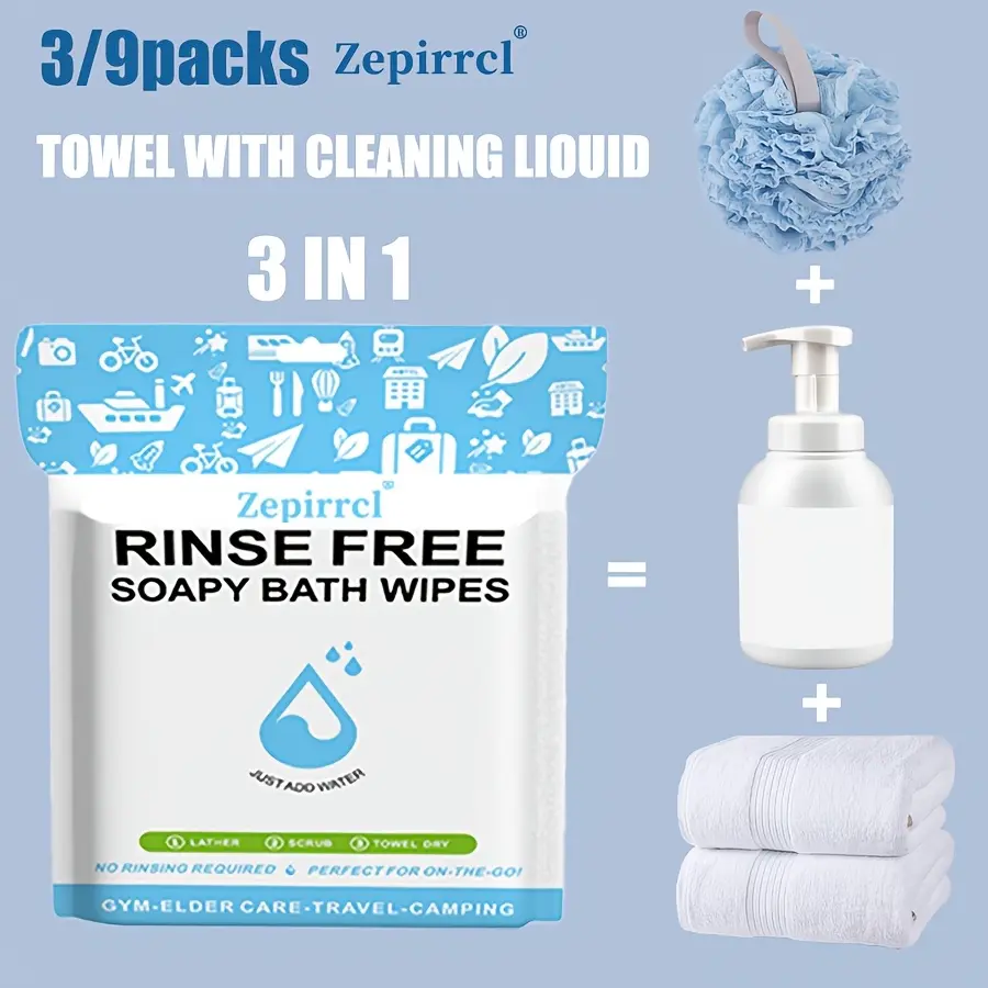 30×30 cm; available in packs of 3 or 9 (75 or 225 sheets). Disposable, no rinsing required. Foam bath towel/hand towel: add water, rub to create foam, then wipe away dirt—no rinsing needed. Convenient to carry, ideal for travel. 25 sheets per pack.