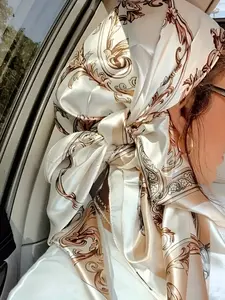 Women's Silk Scarf Head Wrap, Vintage Print, Soft Elegant Beach Towel, Multifunctional Large Square Shawl, 90cmx90cm, Perfect Accessory