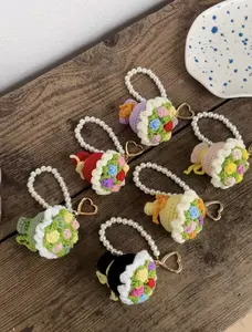 Handmade Crochet Bouquet Charm with Pearl Chain, Colorful Flower Pendant - Elegant Versatile Luggage & Bag Accessory for Bridal Occasions, Jewelry Gift