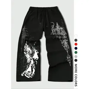 Men's Casual Loose-Fit Athletic Pants, Angel Totem Graphic Print Drawstring Wide Leg Joggers, All-Season Men's Clothing