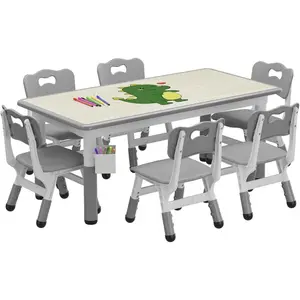 Table and 6 Chairs Set with Storage Box, Height Adjustable Toddler Table and Chair Set for Ages 2-10, Graffiti Desktop, Non-Slip Legs, Children Activity Table for Daycare Classroom Home Drawer Nursery Baby Furniture