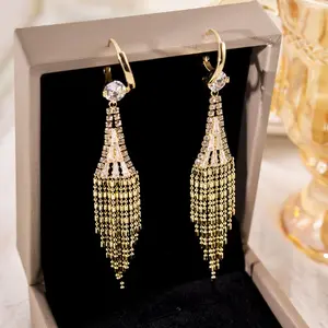 Women's Elegant Rhinestone Decorated Dangle Earrings, Exquisite Trendy Fringe Design Dangle Earrings, Chic Gorgeous Jewelry As Gift for Girlfriend daily costume jewelry accessory long chain earring