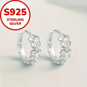 Elegant 925 Sterling Silver Hoop Earrings with Synthetic Zirconia - Floral Design, Vintage Bohemian Style, Perfect for Daily Wear & Gifts, Ideal for Valentine'S Day & All Seasons