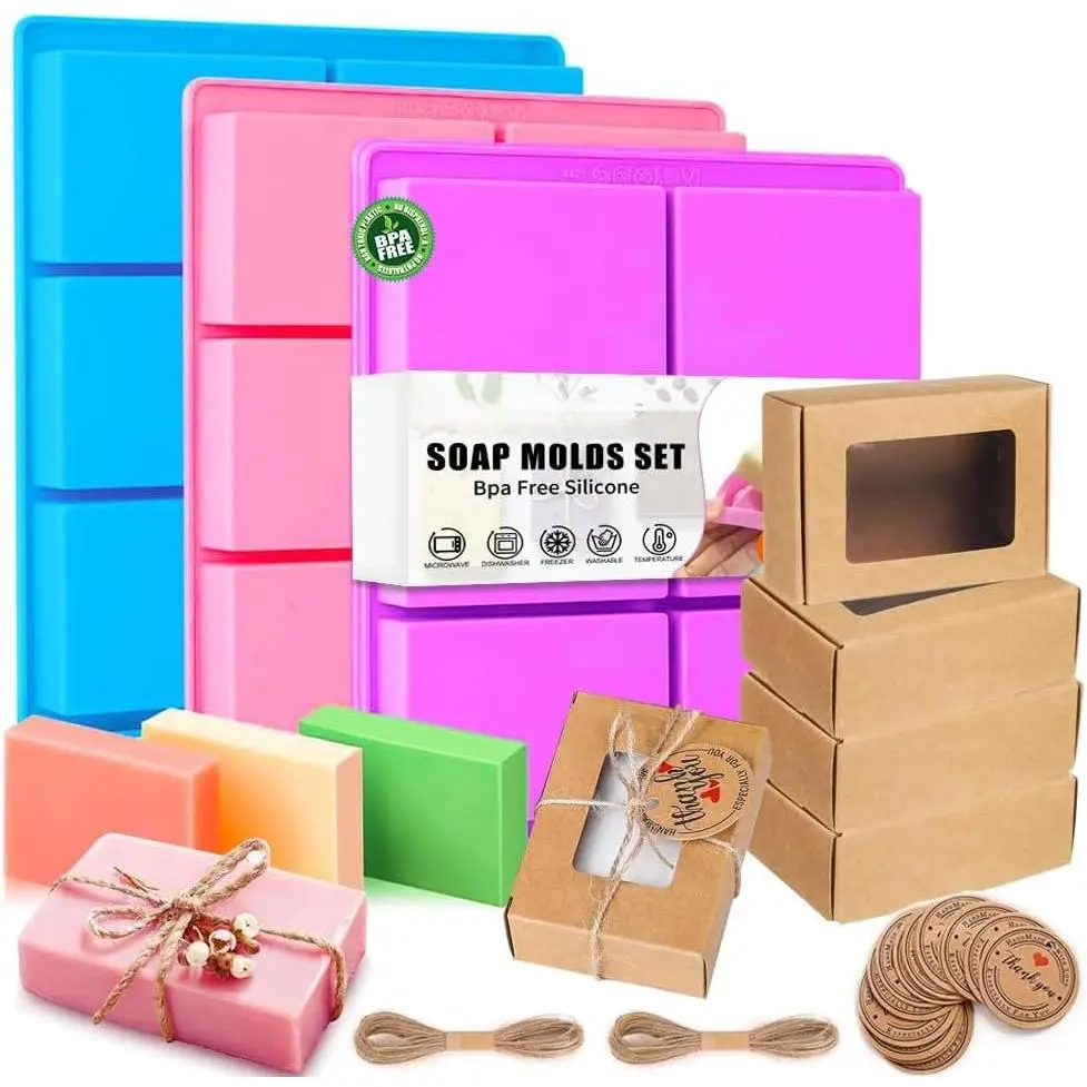 Soap Molds Set of 3, with 10 Soap Boxes for Homemade Soap,DIY Rectangle Soap Molds for Soap Making, 6 Cavity Mold for Craft Soap Mold,  &  Trays(Blue,  & )