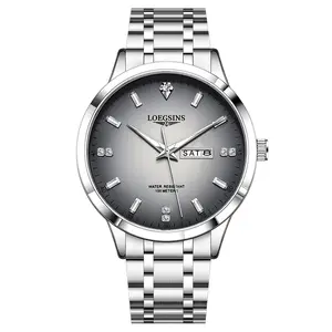 LOEGSINS Men's Business Automatic Watch, Round Dial, Water Resistant, Luminous Display, Date & Day Calendar, Stainless Steel Butterfly Clasp Strap, 2-Year Warranty