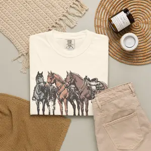 Western Horses Illustration T-Shirt | Three Saddled Horses, Ranch Scene Comfort Colors Direct to Garment Printed True to Size Cotton Unisex Tee