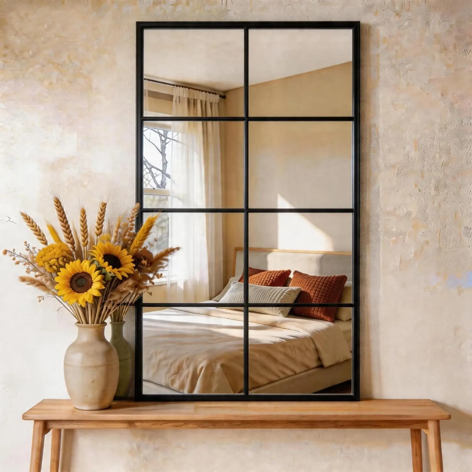 Window Pane Wall Mirror, 16x32 Inch Black Framed Mirrors For Wall Decor Living Room, Black Metal Framed Big Square Mirror For Bathroom, Bedroom, Entryway