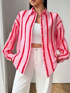 "Hot Pink & Red Striped Oversized Button-Down Shirt | Crinkled Texture, Relaxed Fit – 2025 TikTok Viral #BarbieCore Aesthetic! Perfect for #OOTD Layering (Over Cami/Bralette) 🌸 Trendy Bold Colors, Comfy Lightweight Fabric. Stylish for Brunch, Dates or Ca
