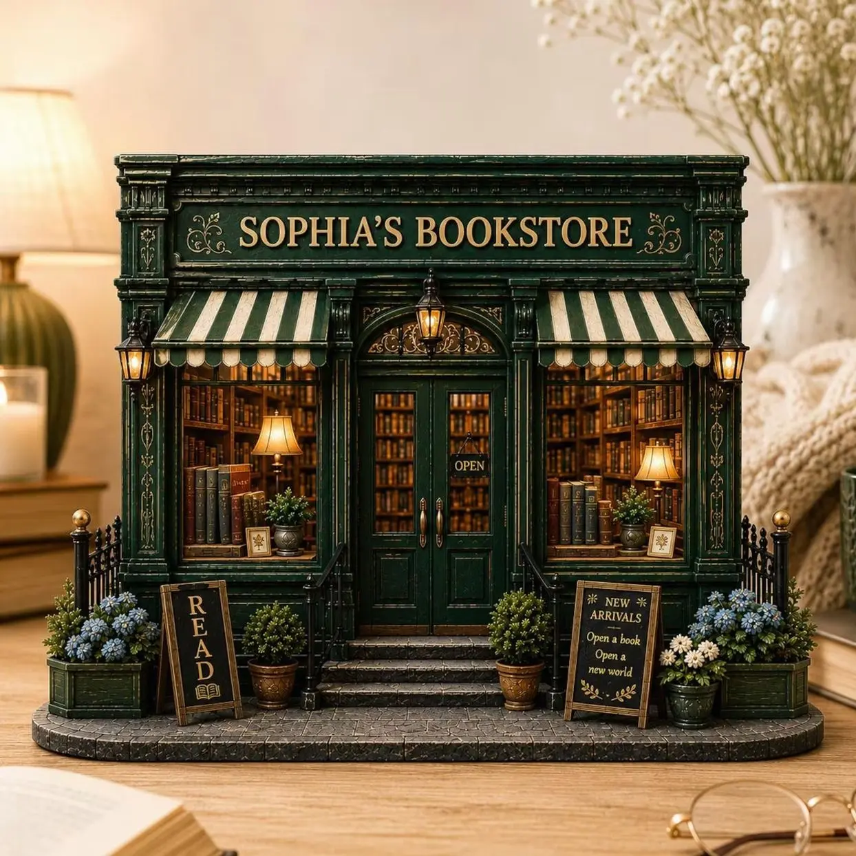 Personalized Bookstore Wooden Block: Custom Name Reader Gift, Miniature Book Shop Shelf Decor