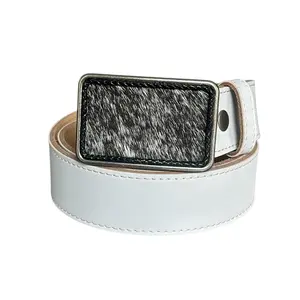 Black White Hair on Leather Rectangular Belt Buckle