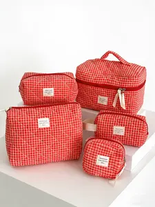 Raspberry Checkerboard Five-Piece Set Korean Style Vintage Ins Niche Portable Outing Storage Tote Zipper Travel Makeup Bag Suitable for Girls Women