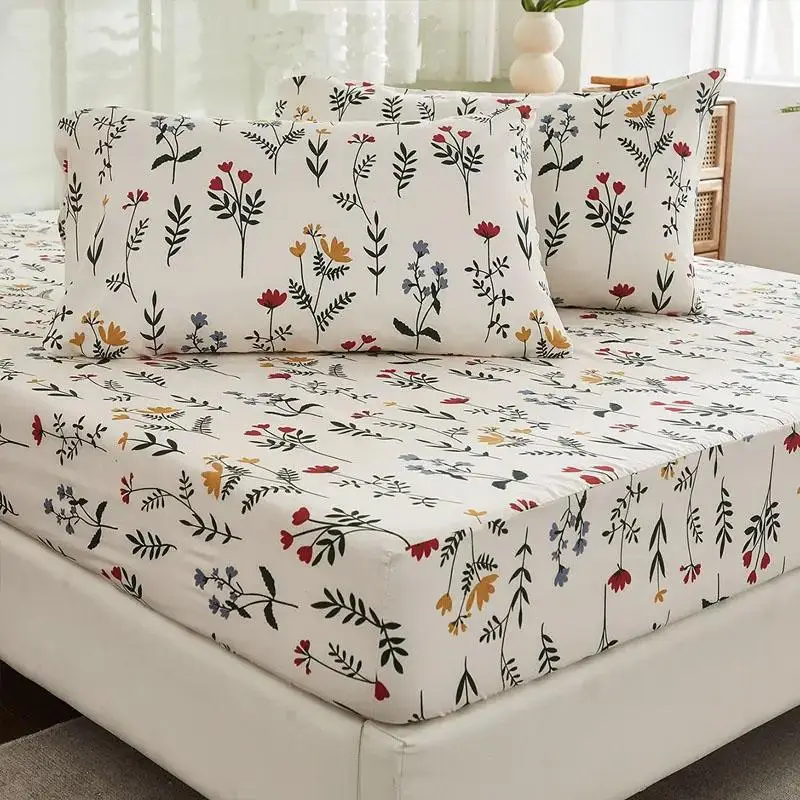 Floral Print Fitted Sheet & Pillowcase Set, 3 Counts/set Including 1 Fitted Sheet & 2 Pillowcases, Room Accessories Soft Comfortable Halloween Decor B