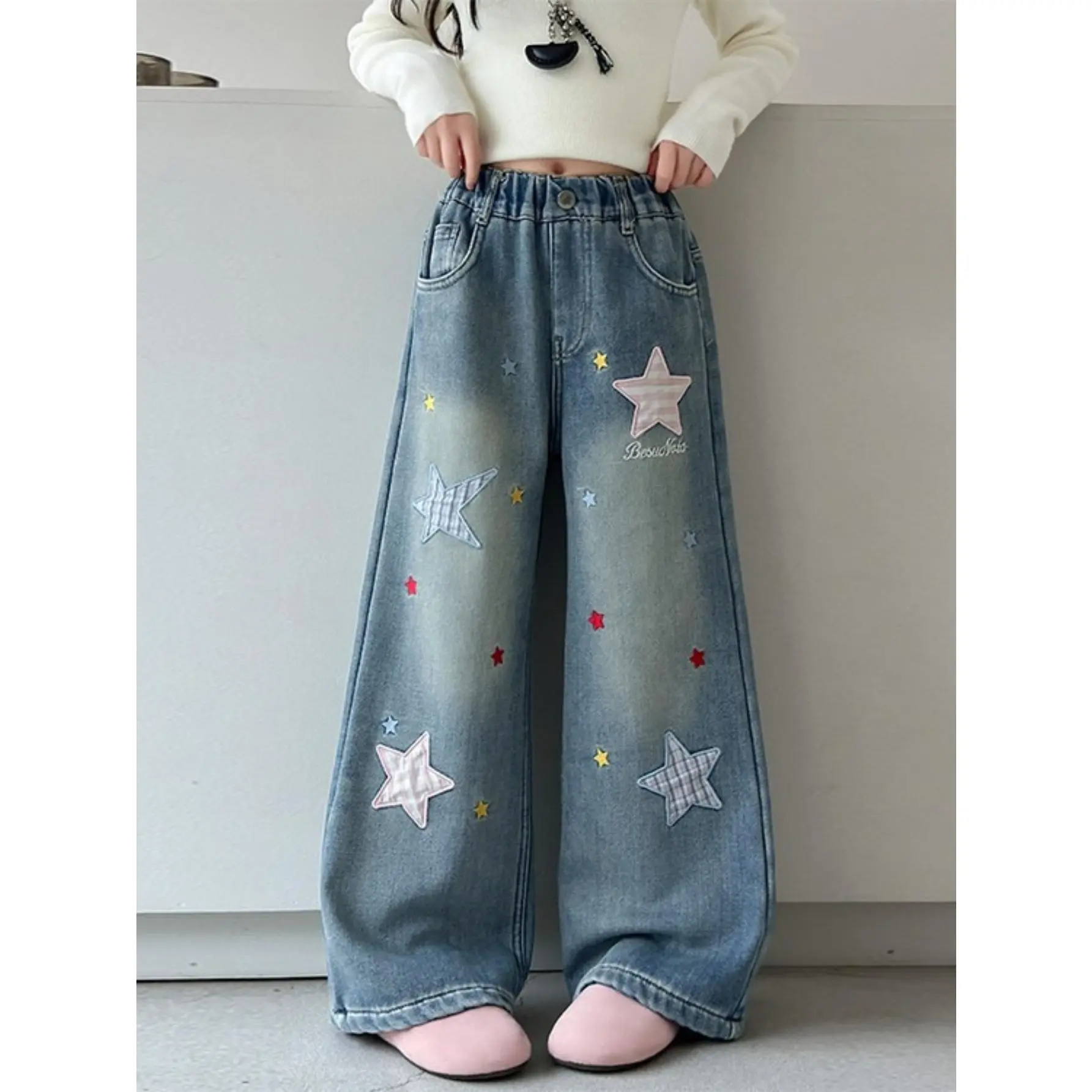 Girls' Wide-Leg Pants with Butterfly Embroidery, Casual Loose-Fitting Woven Jeans with Elastic Waist, Kids Clothes 13-14Y, Polyester