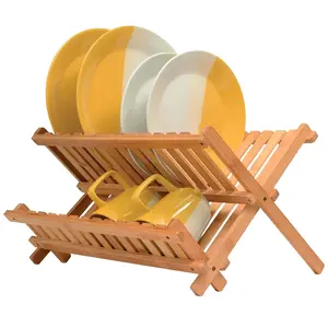 Bamboo Dish Drying Rack - Collapsible 2-Tier Dish Drainer Kitchen Plate Rack for Kitchen Countertop - Foldable & Compact for Space-Saving Storage